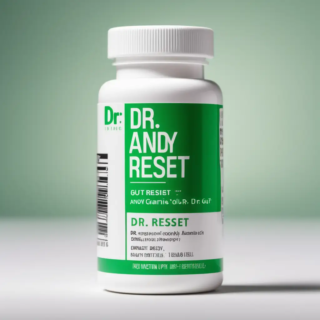 white pill bottle with green accent label with brand name "Dr. Andy" about gut reset