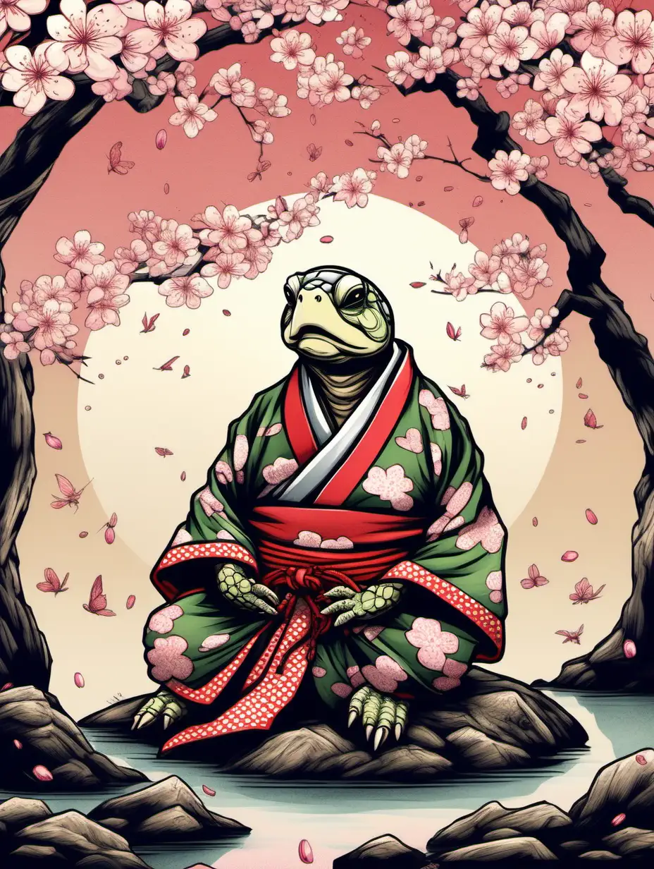 Illustration of an anthropomorphic turtle meditating under a cherry blossom tree. Japanese style. Turtle is wearing a kimono and has a white beard.  