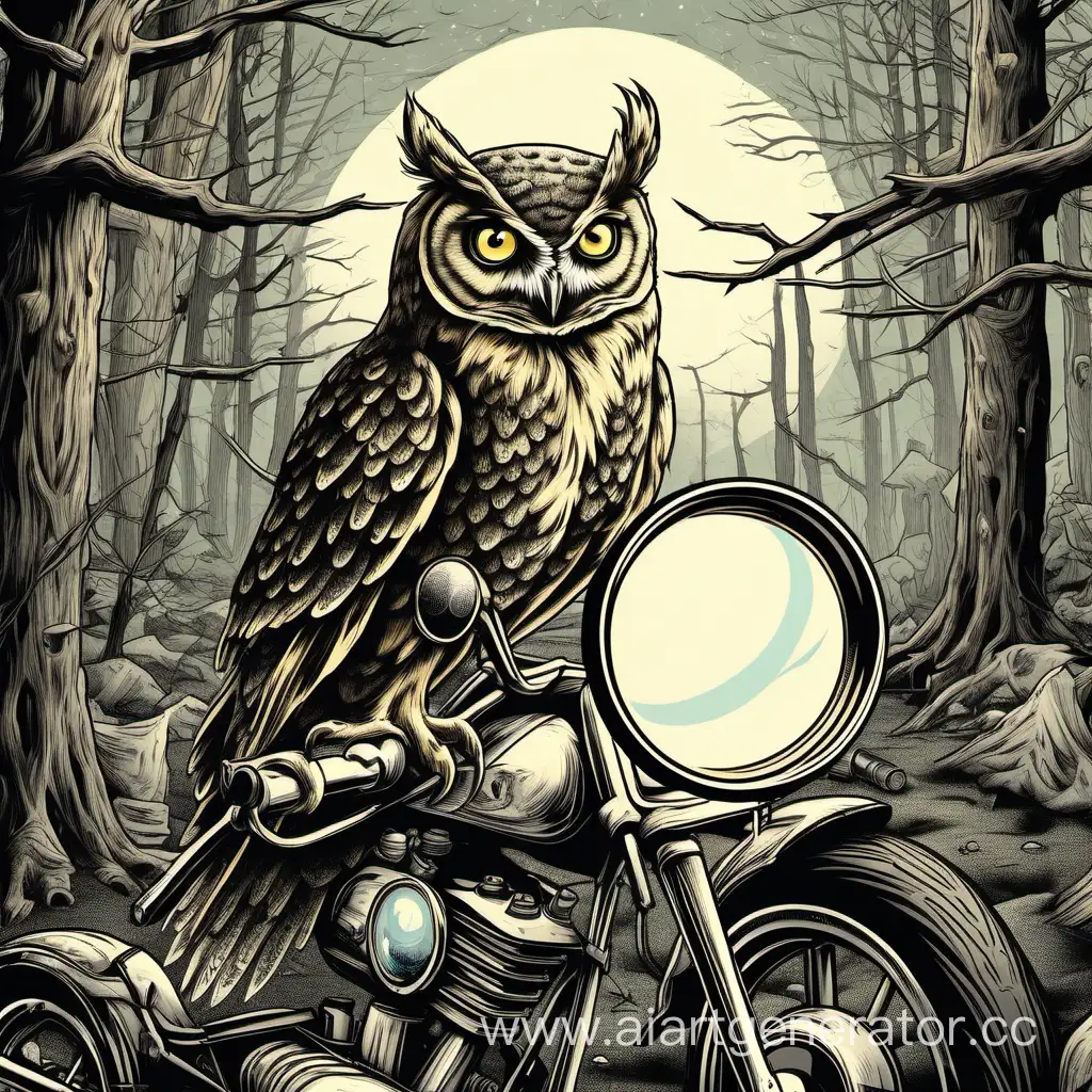Curious-Owl-Observing-Motorcyclist-Through-Magnifying-Glass