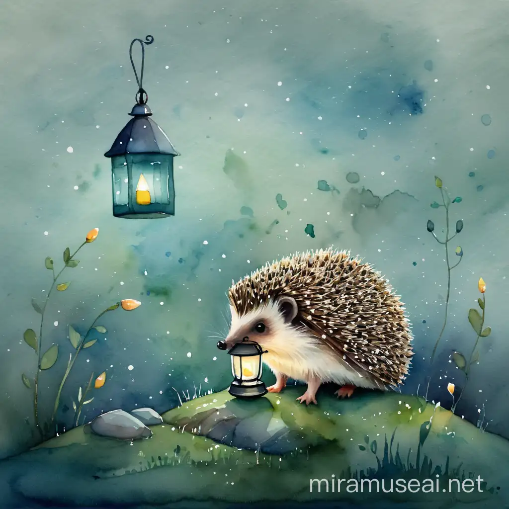 Adorable Hedgehog Holding Lantern in Enchanting Watercolor Style