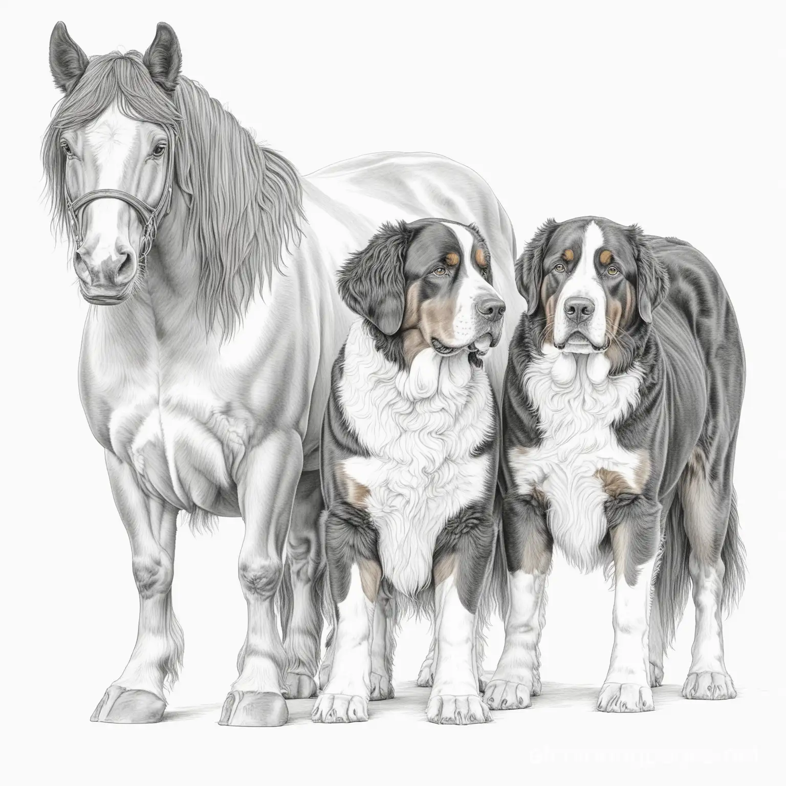 2 Bernese mountain dogs and a horse, Coloring Page, black and white, line art, white background, Simplicity, Ample White Space. The background of the coloring page is plain white to make it easy for young children to color within the lines. The outlines of all the subjects are easy to distinguish, making it simple for kids to color without too much difficulty