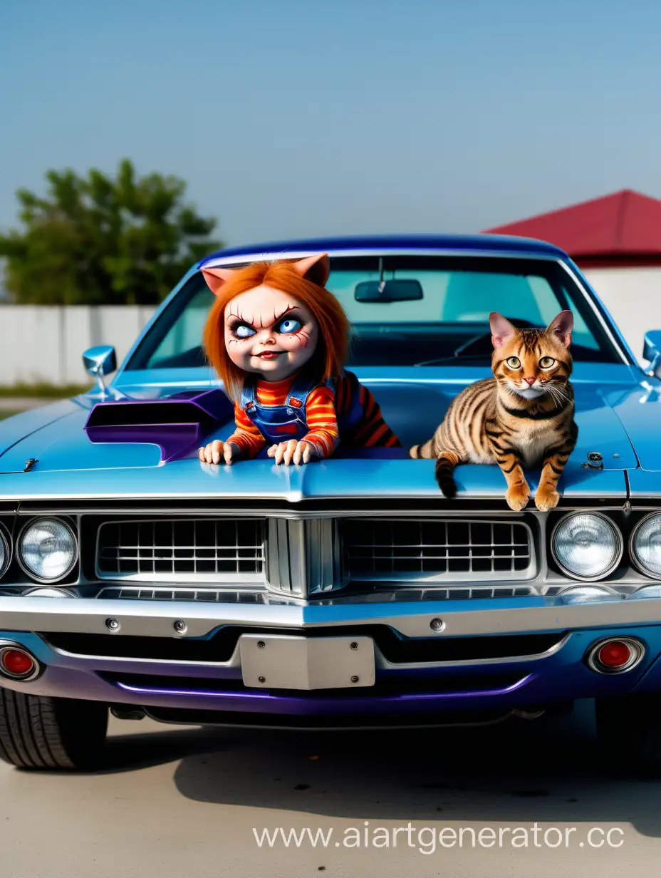 The character Chucky, and a Bengal cat, sit on the hood of a 1969 Dodge Challenger, front view, distant shot