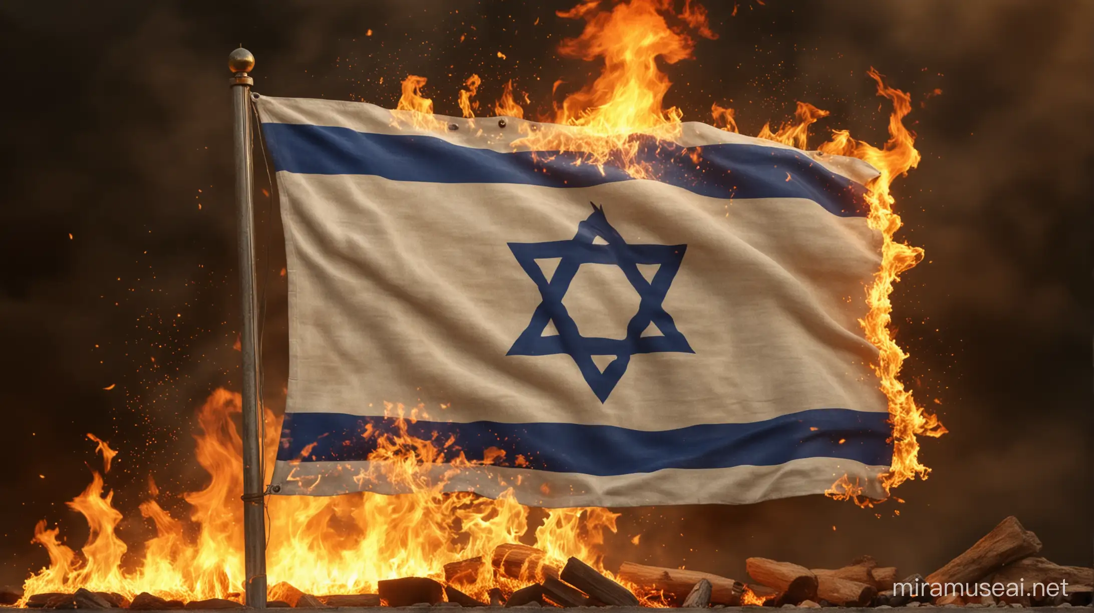 The flag of Israel multidimensionally on Leijona. Fire flames in the picture. 