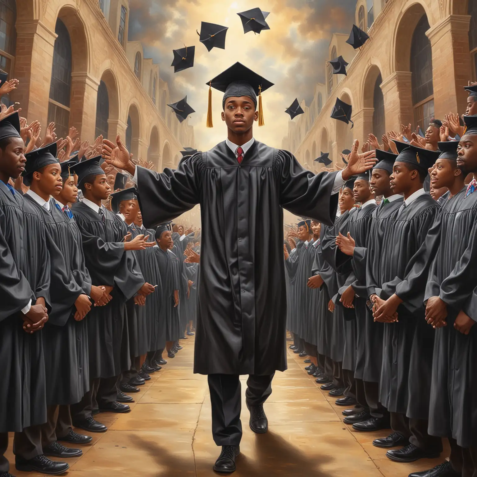 create a surreal painting of "A young African American man  in graduation cap & gown standing in the center of the picture, coming in from the sides, top and bottom of the picture place the arms and hands of the people that helped assist him through his life reaching in to lovingly touch him.