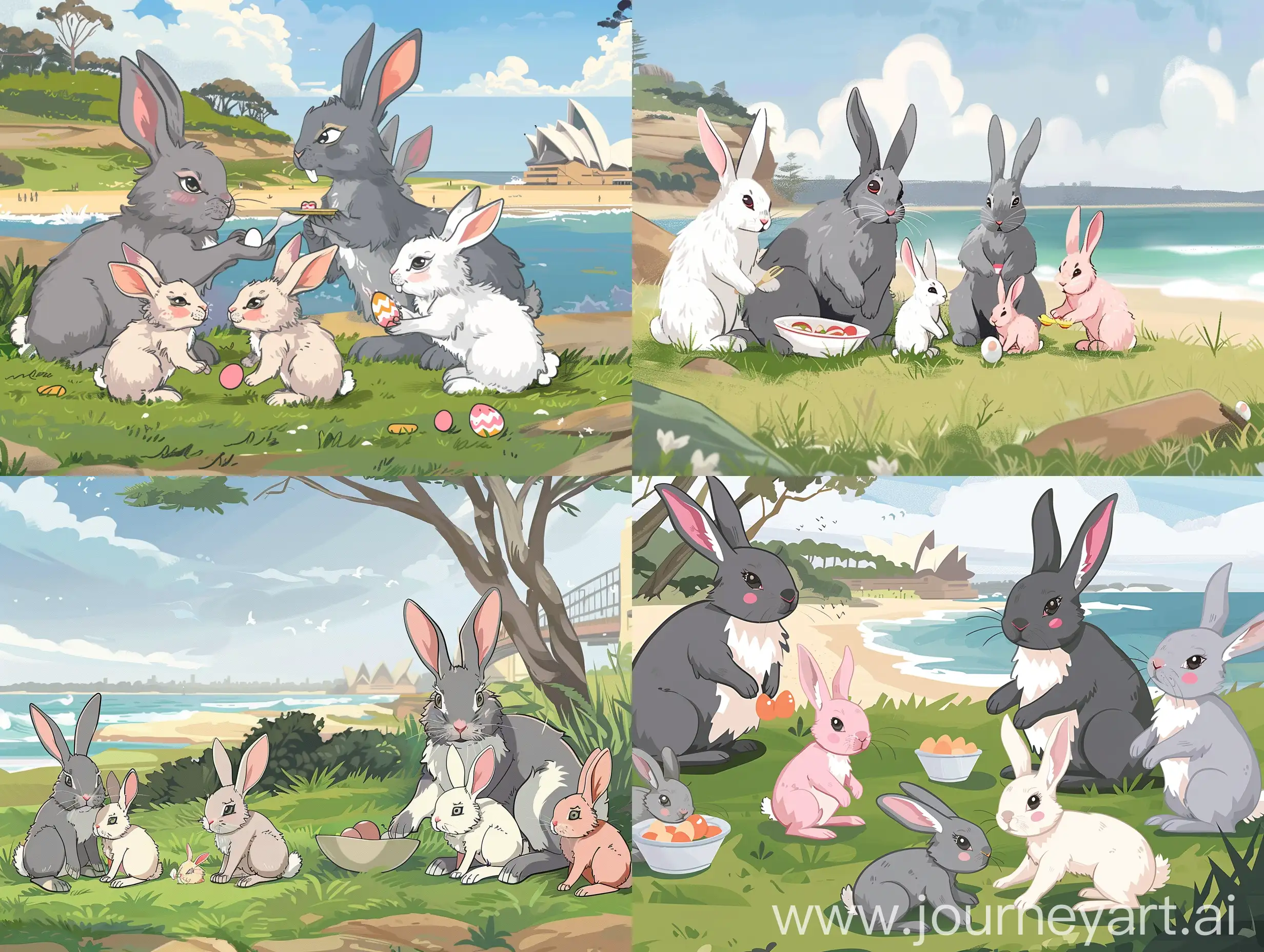 复活节的清晨，在悉尼海滩旁边草地上的一家子灰色白色粉色的卡通成年兔子，在准备中午的复活节大餐，他们的兔宝宝在玩耍。