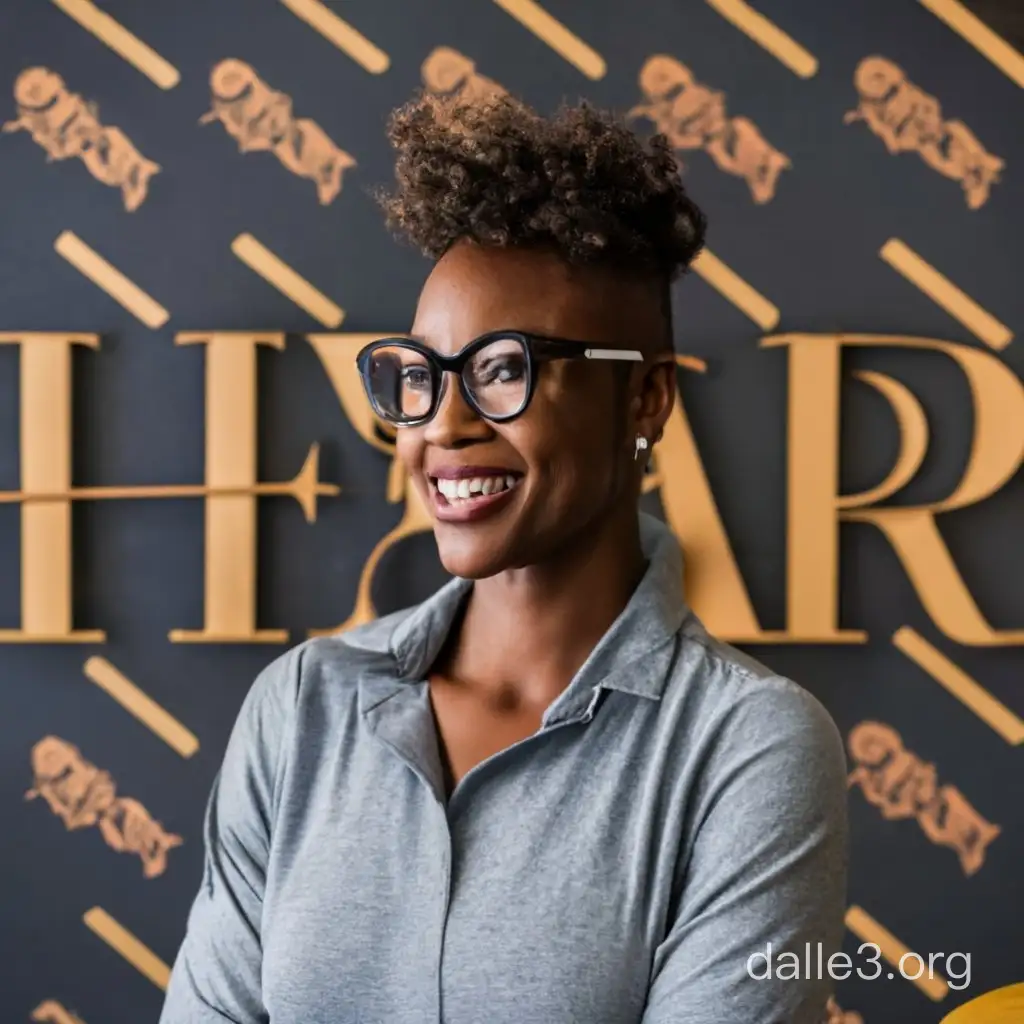 Black woman with a real short hair cut with a tee shirt on that says Moore Hair Please standing behind her salon chair styling her clients hair with some stylish black frame glasses. Black background with gold trimming with salon art work 