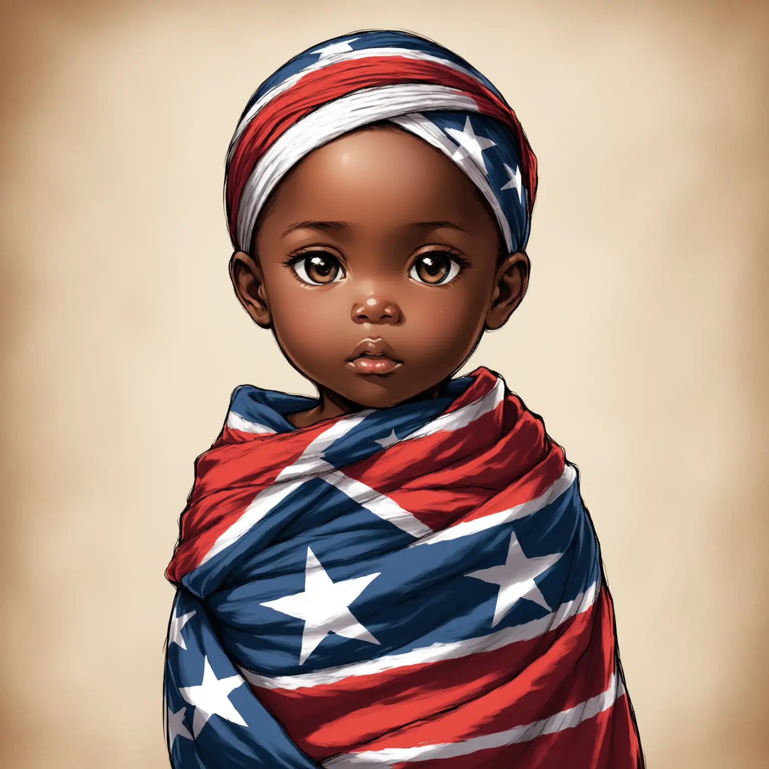 Create a image of a black child about the five wrapped up  in an confederate flag, with image of the state of Texas in back ground
