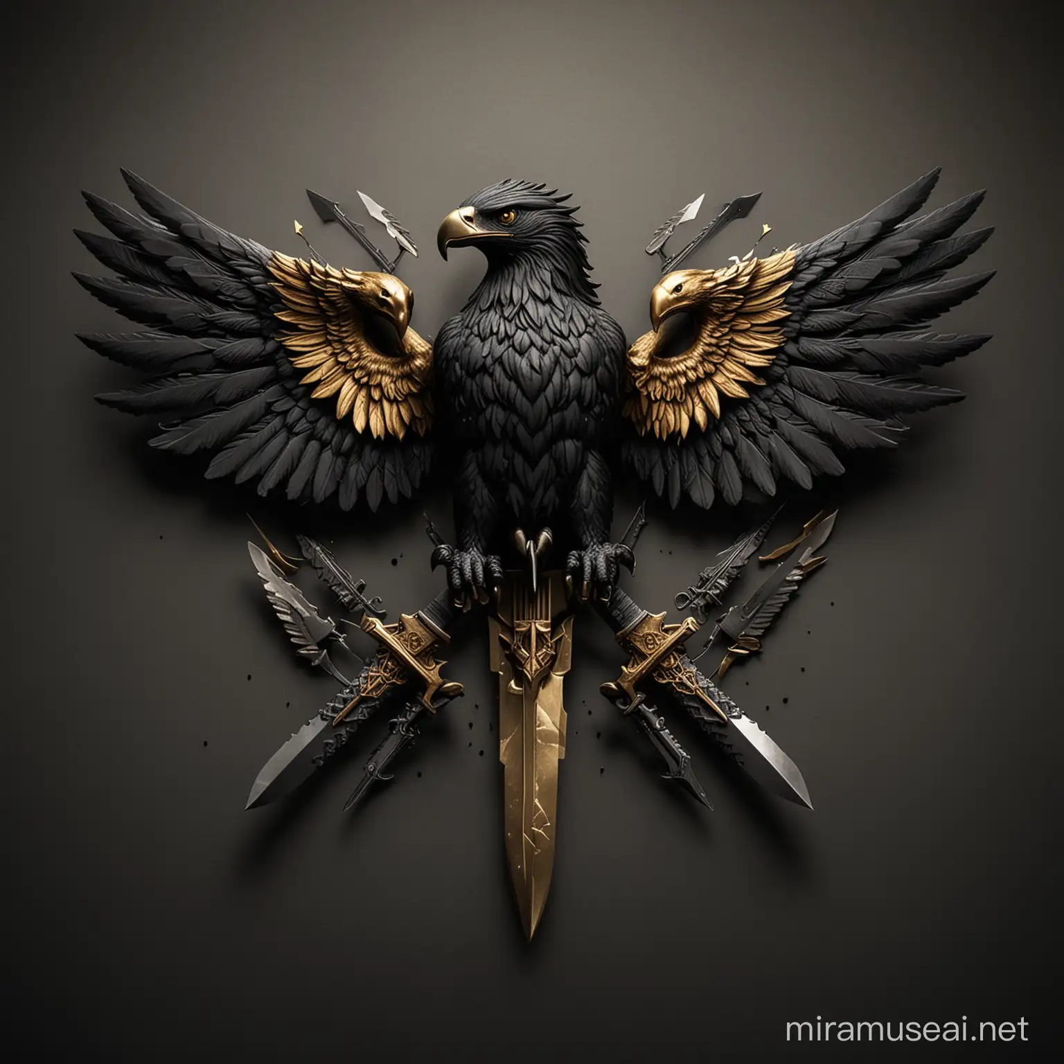 A special forces insignia. A black hawk with the wings wide open, holding a lighting in the claws. 2 knives crossed in the background. All dark and gold colours. 