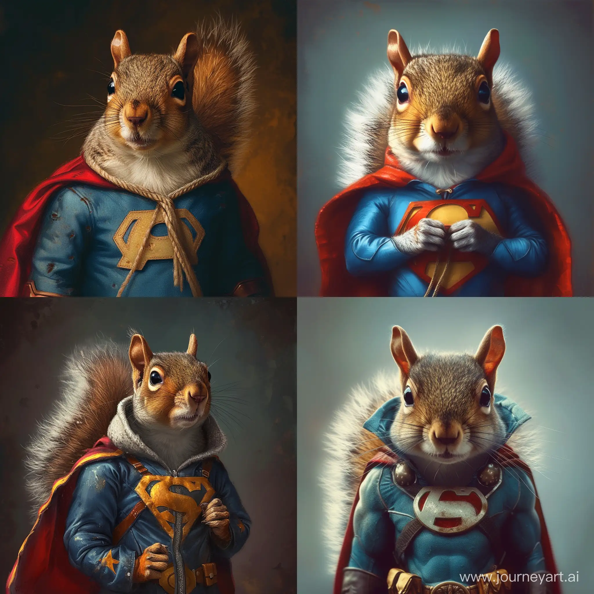 Squirrel in superhero costume, photorealism, realism --v 6 --ar 1:1 --no 31103