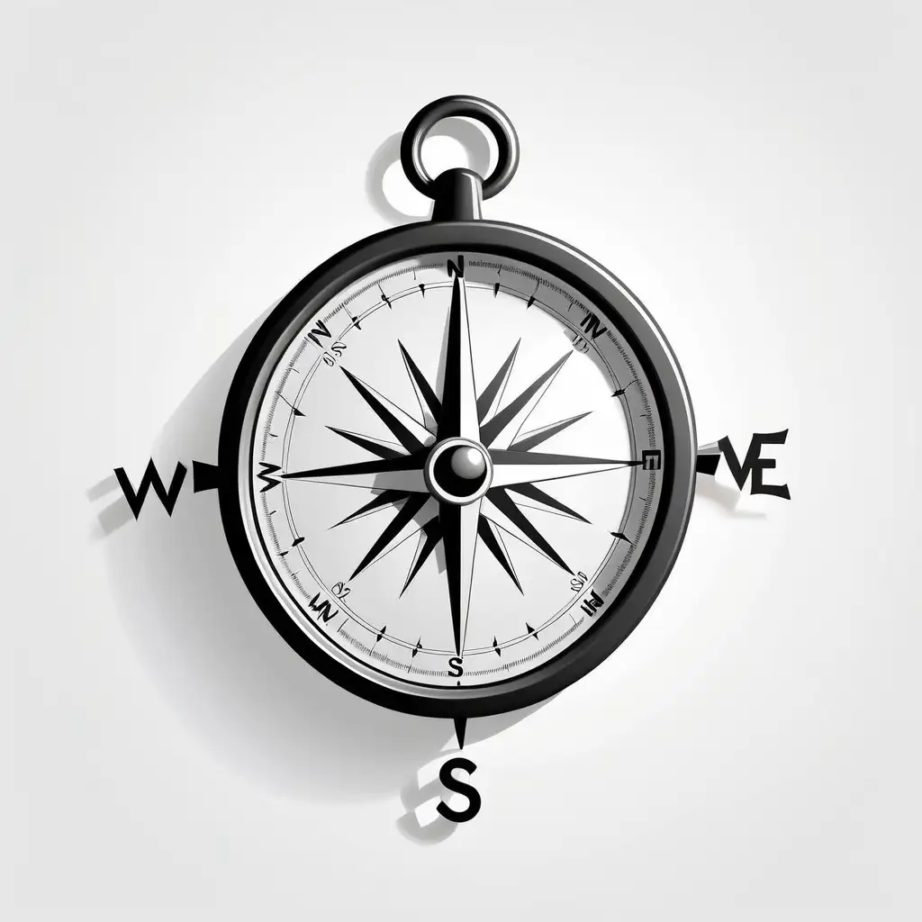 black and white, [a compass], simple, white background, cartoon like.