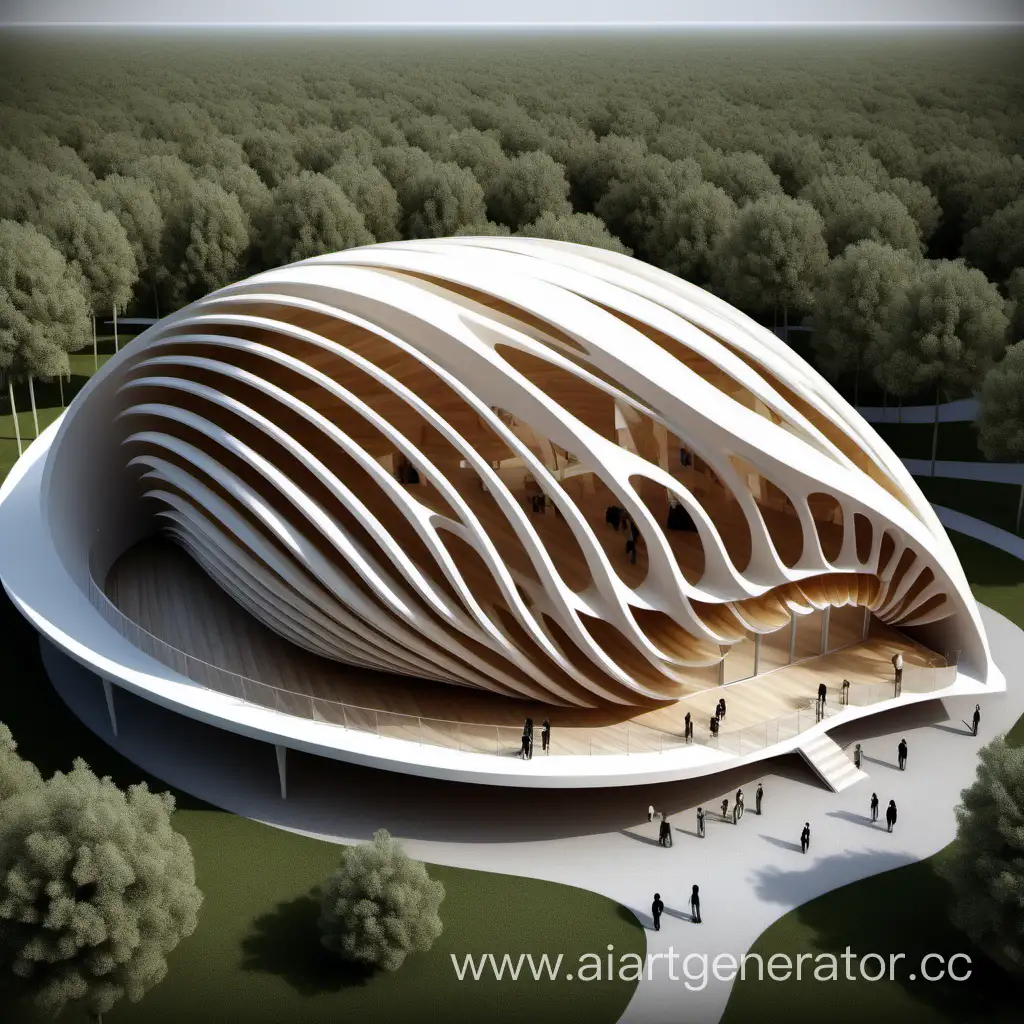 Create a spectacular cultural building in the form of a shell plan and 3D view