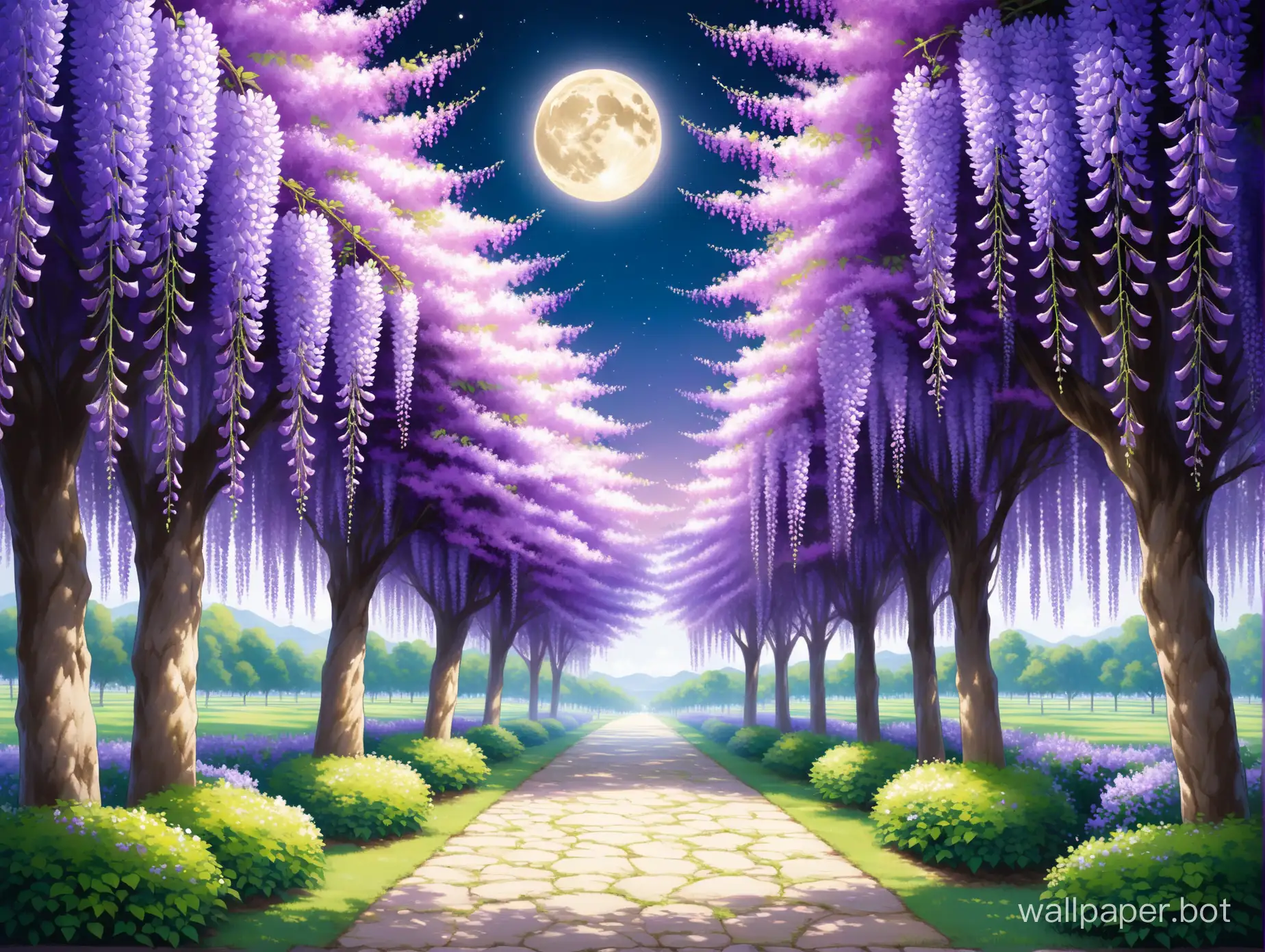 pastel purple wisteria flower trees lining a stone path leads to show the moon
