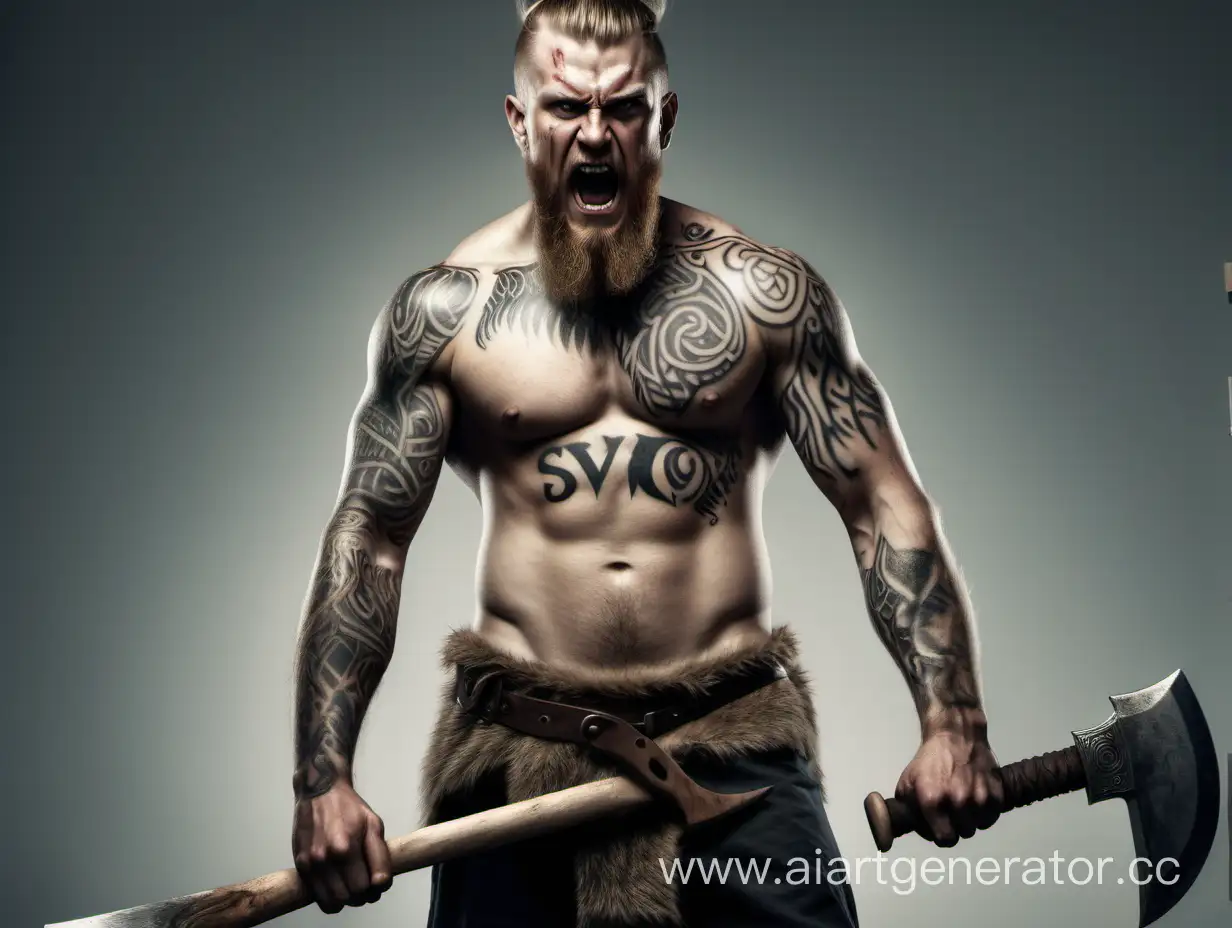Миньен викинг с голым торсом и с татуровкой  SVO,стоит и злиться с топором в руках
