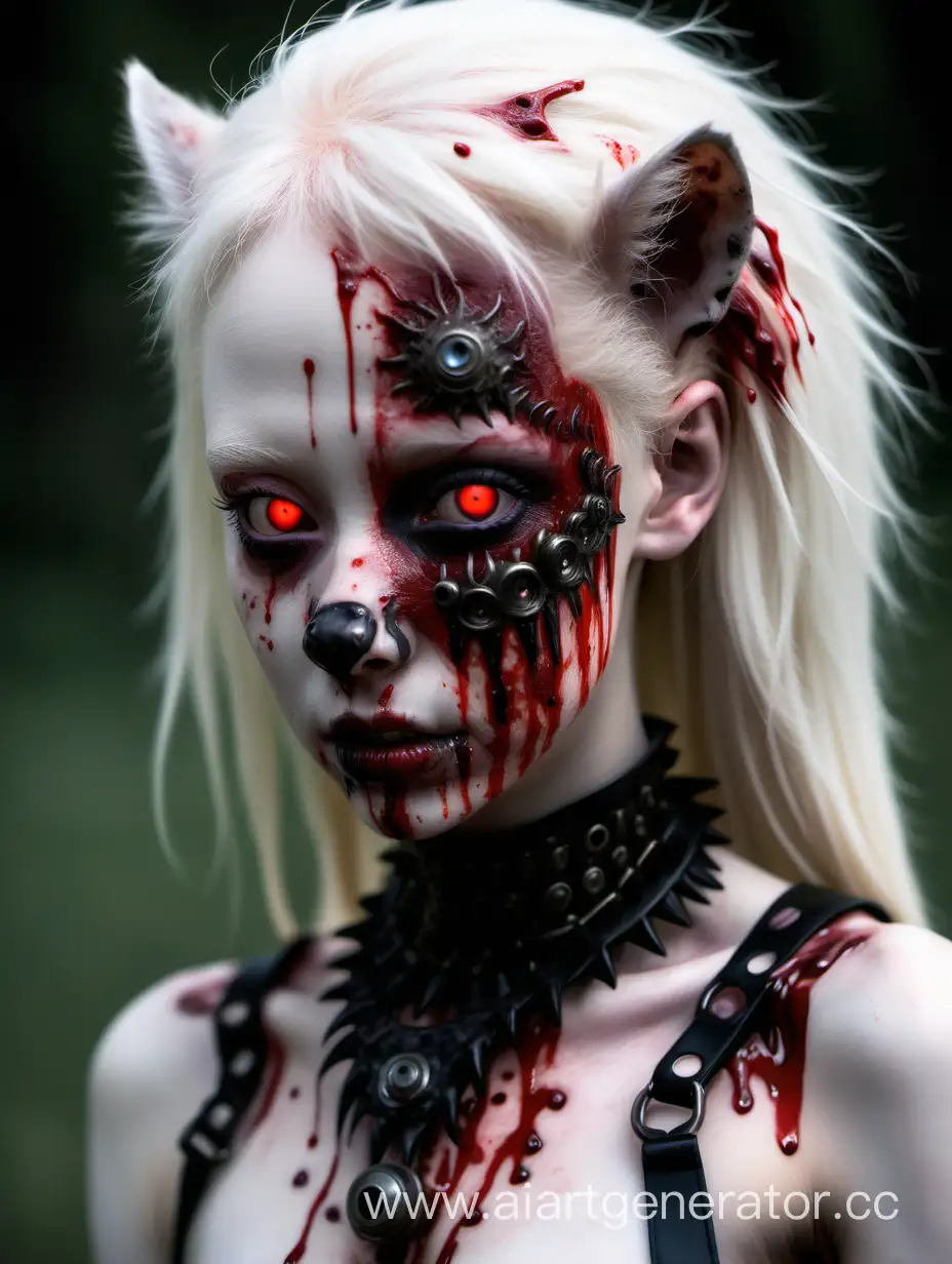 Albino girl, black sclera, and red iris, is a radical hyena, all covered in blood
