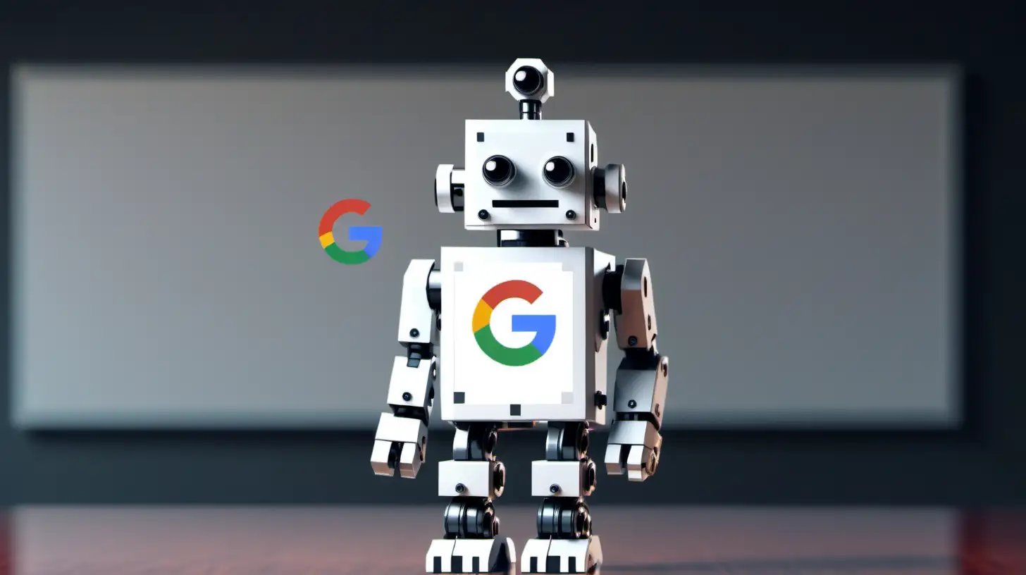 Pixel Robot in AI world with Google logo in background