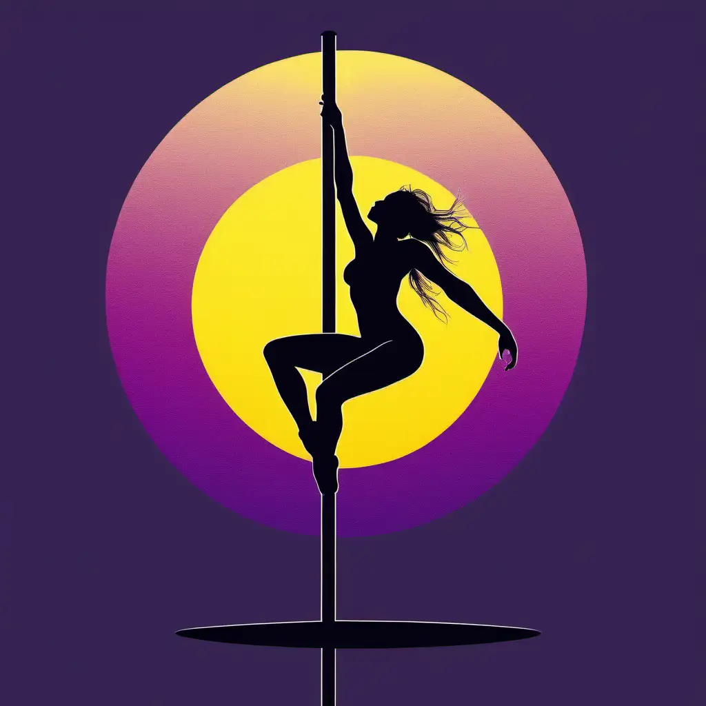 T-shirt design. A silhouette of a woman pole dancing on a single pole.  The image has a central focal point, and the top and bottom of the pole have a beginning and end. The image has a simple frame that contains the image.


Style: Geometric, Yellow and purple Watercolour.
Mood: Ethereal and exciting.

T -shirt design graphic, vector, contour, solid colours. Black background.