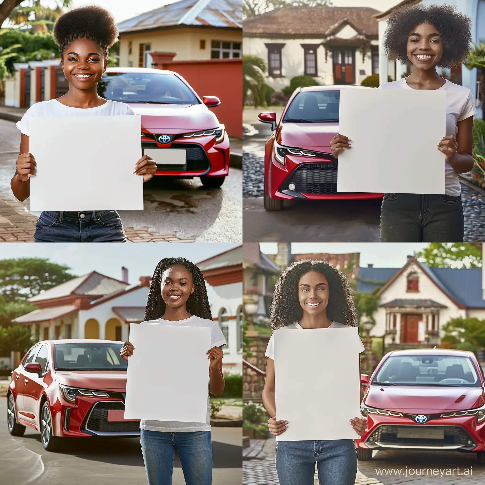 young smiling pretty black skin woman in t-shirt holds blank poster in both hands,  red color Toyota Corolla on background,nicw cottage in behind, photorealistic