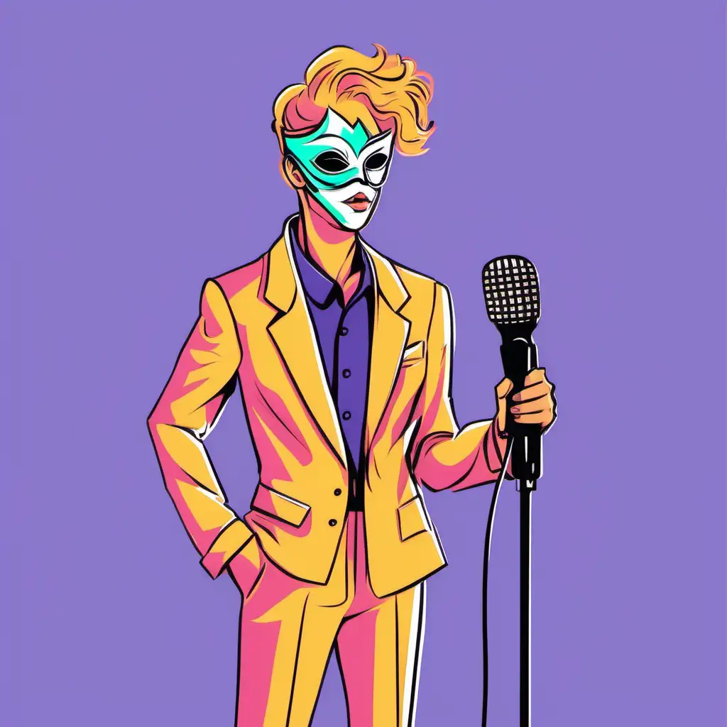 flat illustration style. very colorful. a caucasian nonbinary adult. standing at a microphone. wearing a masquerade mask.
