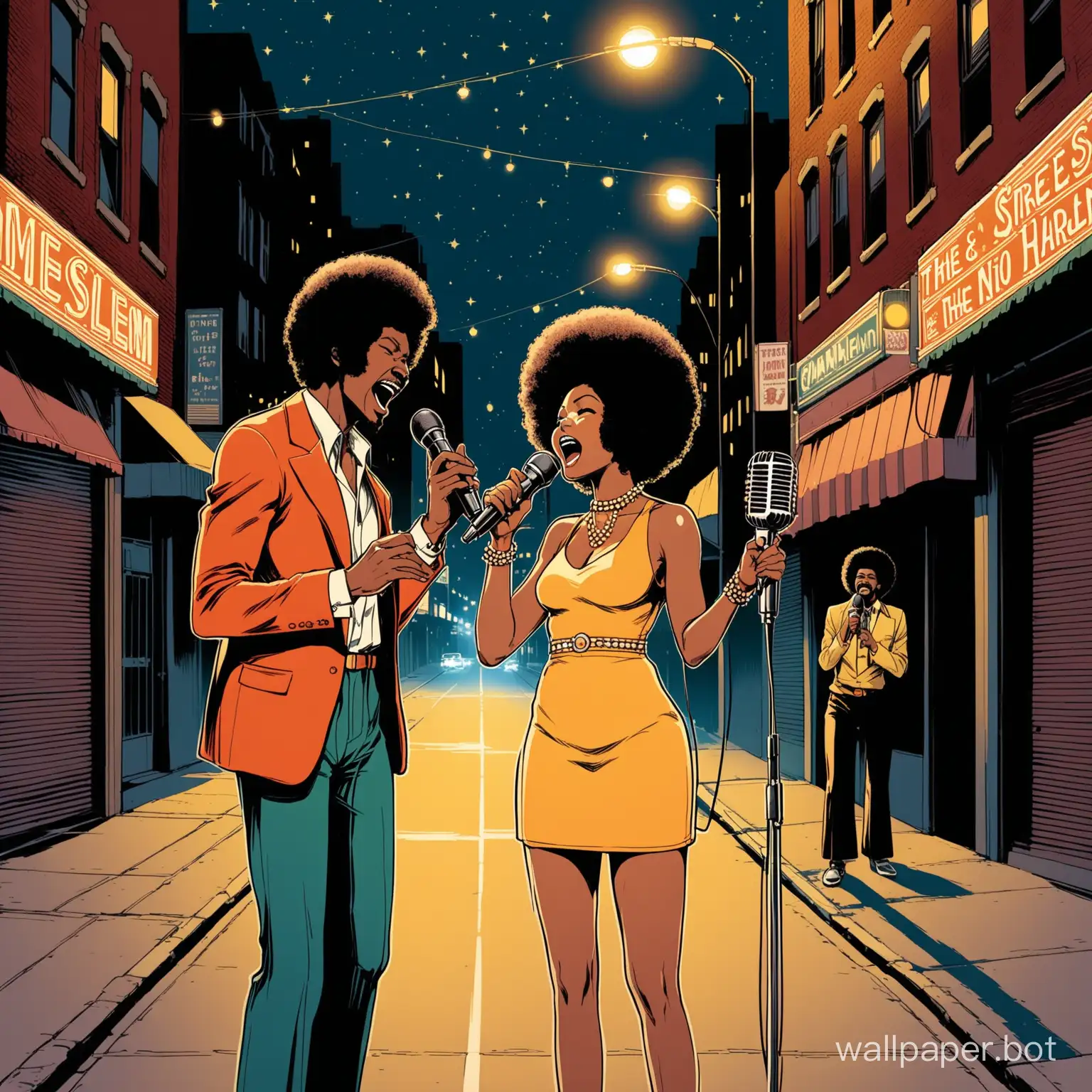 70's retro afro black singers 1 man and 1 woman singing with microphones the streets of Harlem  late at night, illustration
