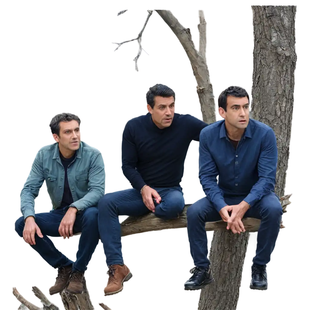Трое мужчин с испуганными глазами сидят на высоком дереве