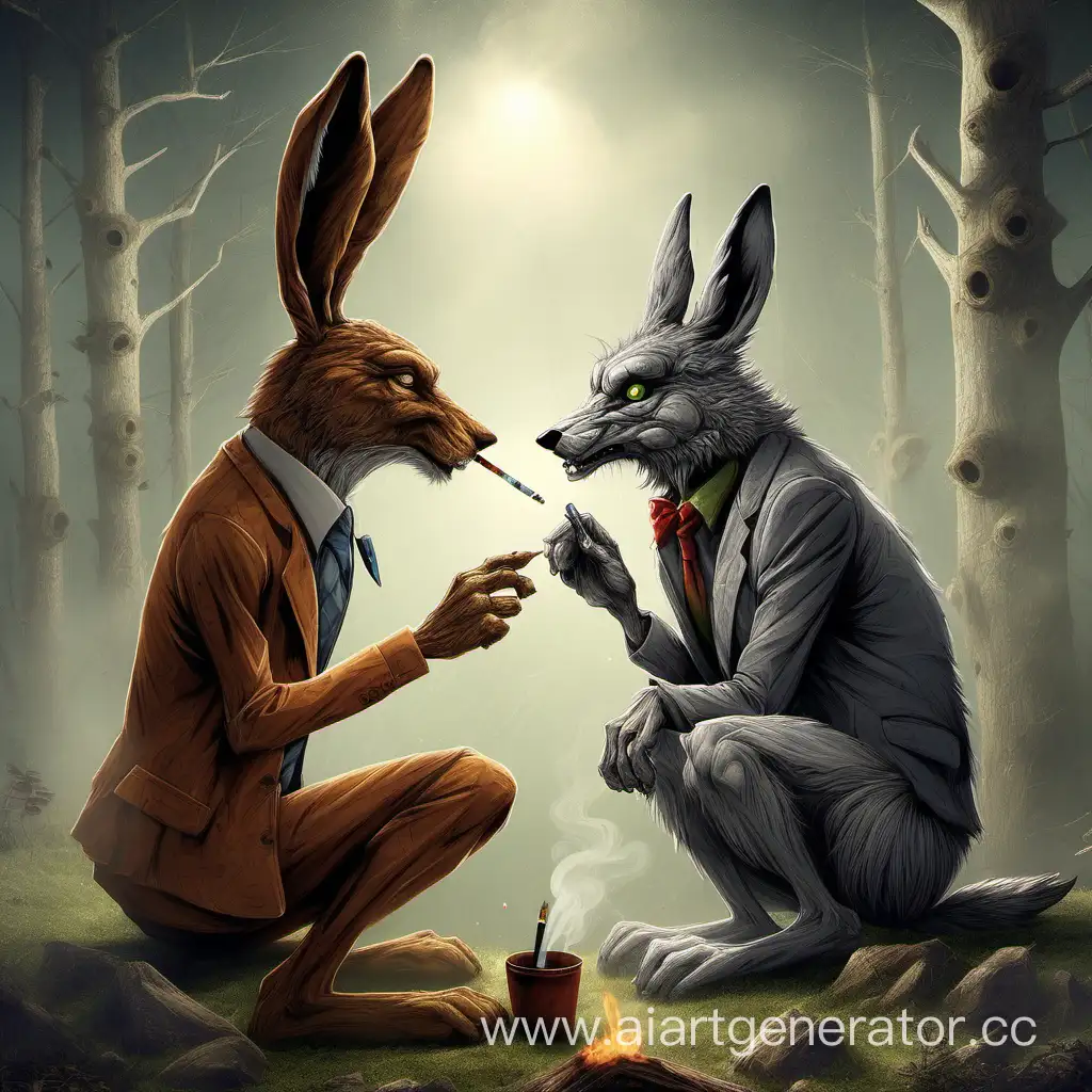 Hare-and-Wolf-Enjoying-a-Relaxing-Smoke-Together