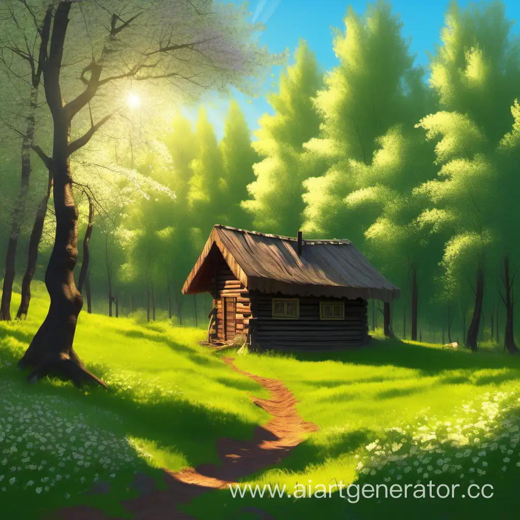 густой лес, светит солнце. на опушке леса стоит маленькая русская изба, рядом стоит цветущая яблоня.