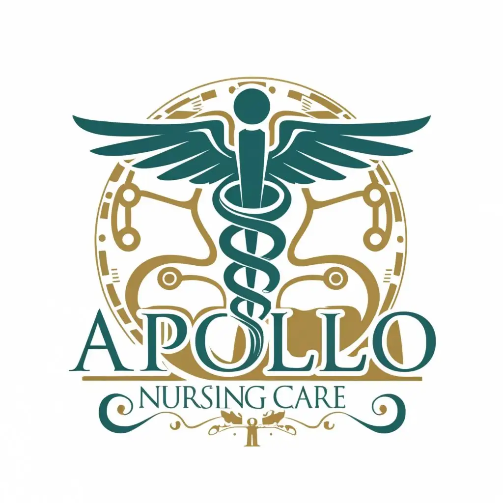 logo, caduceus MEDICAL SYMBOL, with the text "APOLLO NURSING CARE", typography, be used in the education industry. make a circle design. Write nursing care instead of NRSIN. set the "o" of APOLLO in the middle.