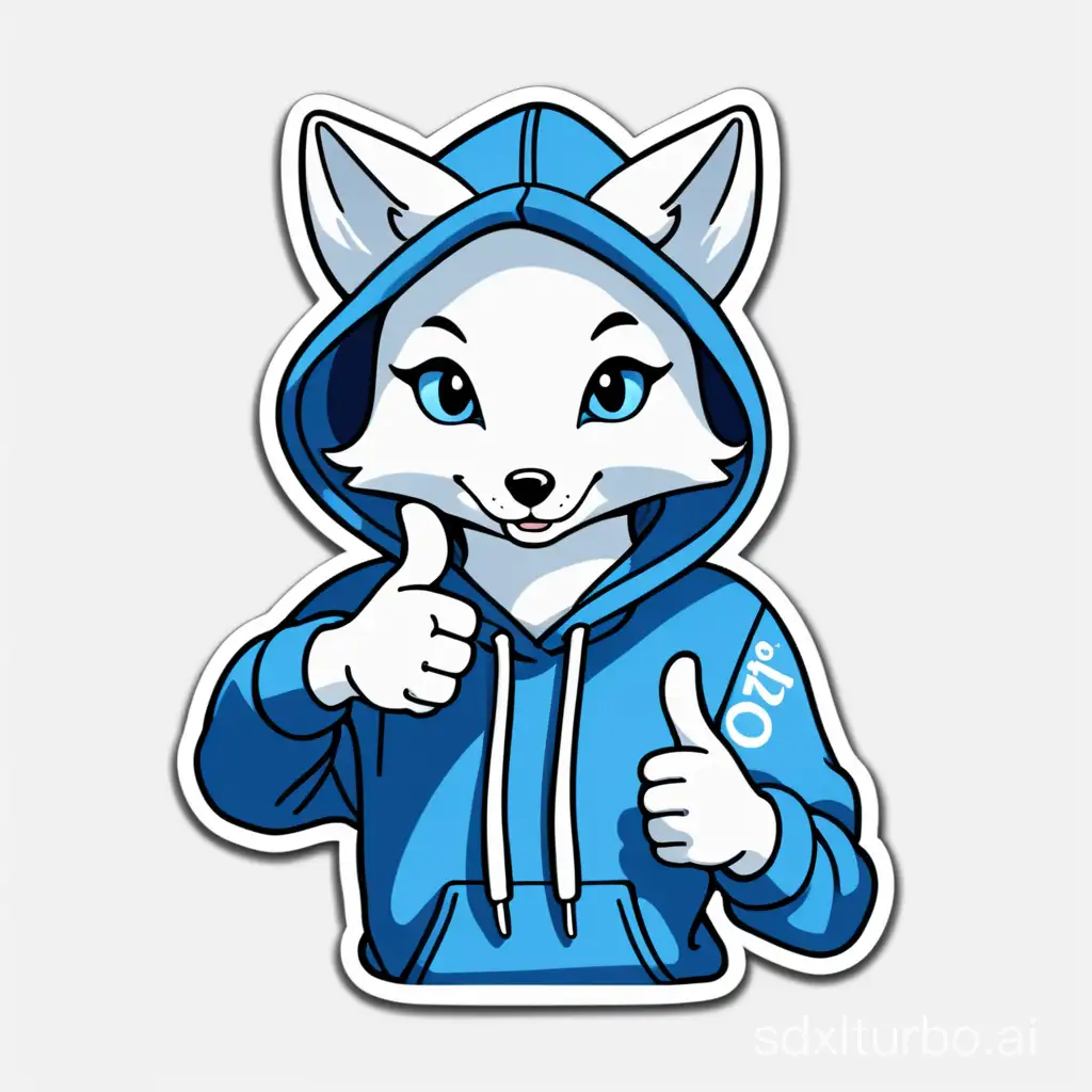 Sticker on transparent background. Feminine, slim, lean, all-white fox in a blue hooded sweatshirt giving a thumbs up, male, with white "INFINITY BOOST" lettering on the hoodie.