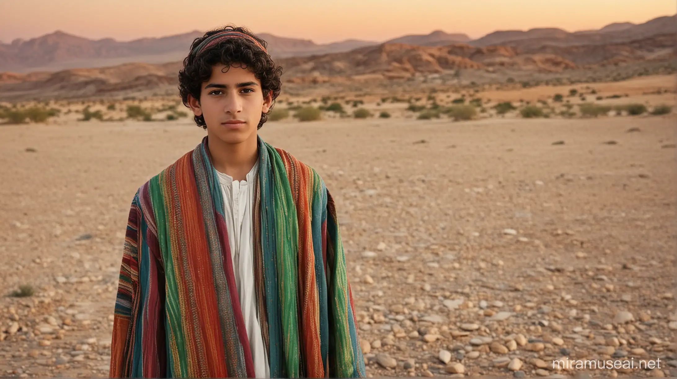 A Middle Eastern 17 year old boy wearing a coat of many colors, in a desert location during the Era of the Biblical Moses