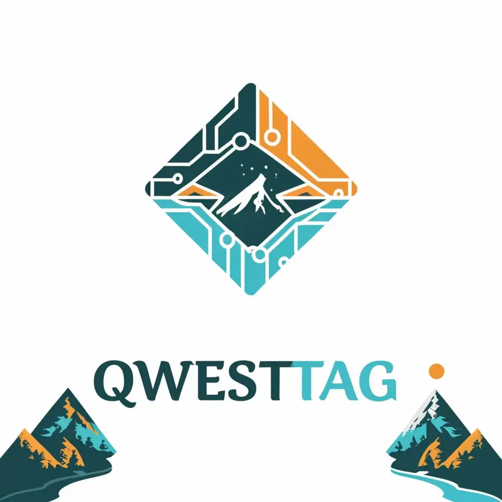 logo, blockchain, mountains, river.  with a 6 sided shape. no background, with the text "QwestTag", typography, be used in Technology industry.  Make exactly this with only one T

