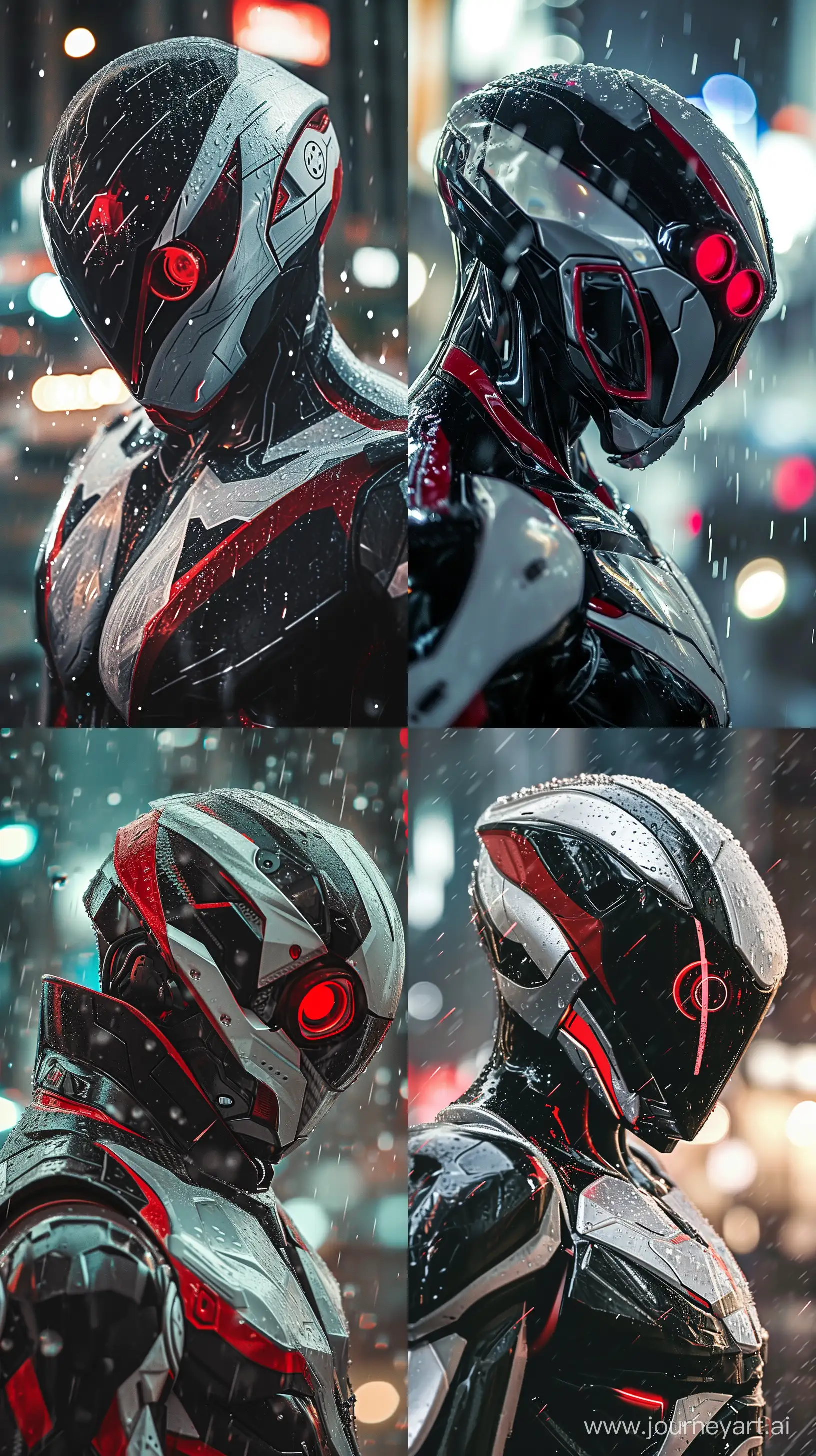 the photo shows a close-up of a humanoid robot or person in an advanced suit of armor. The design is sleek and modern, with red and white accents on a mostly black and gray base. It appears to be raining, as water droplets can be seen on the surface of the armor, the subject is either a robot or a person in a futuristic suit of armor, characterized by its sleek shape and intricate details, the helmet has red, viewfinder-like eyes, giving it an intense and focused look, water droplets can be seen on the surface, indicating that it is raining, in the background, blurred lights suggest an urban environment at night, the armor is highly detailed, with lines and patterns that suggest advanced technology, --v 6 --ar 9:16