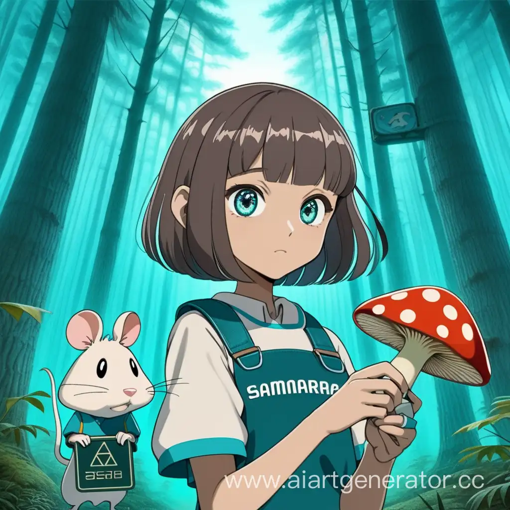 аниме девочка с каре  держит крысу в руках в темном лесу где растут грибы с глазами рядом табличка с написано SAMARA летит самолет с флагом казахстана 