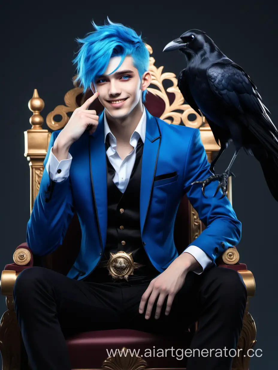 Smiling-Anime-Hero-with-Blue-Hair-on-Throne-Accompanied-by-Crow