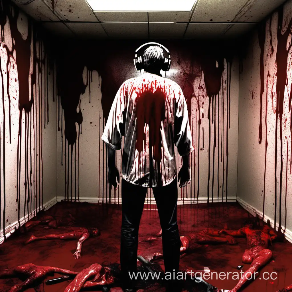 Белый человек весь в крови стоит в руке спиной к зрителю, у него на голове надеты наушники, он находится в комнате, стены и пол залиты кровью