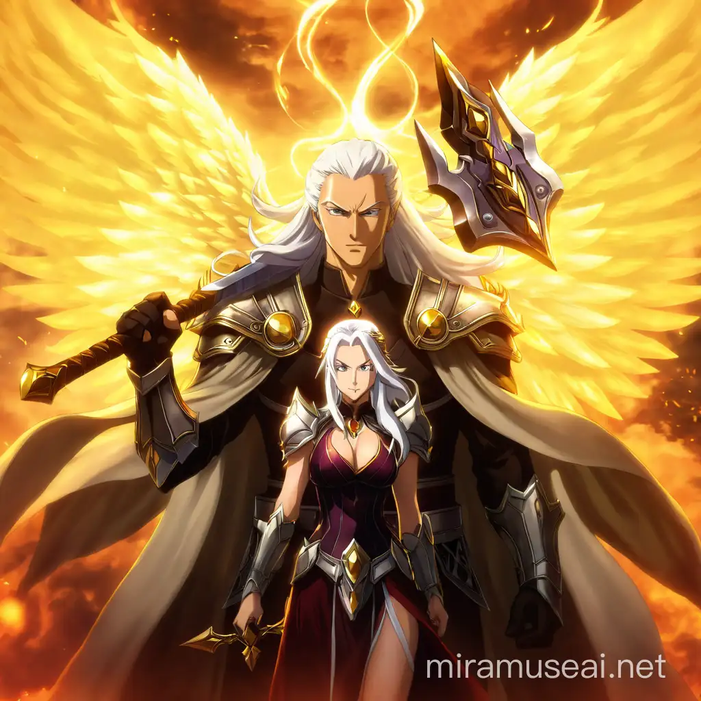 Mirajane Strauss in angel form emerges from the aura of the young male warrior in the foreground holding a warhammer