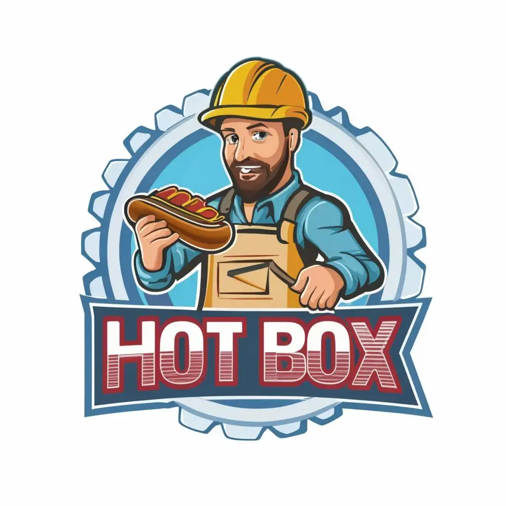 logo, builder, who eats hot dog, with the text "HOT BOX", typography, be used in Restaurant industry
