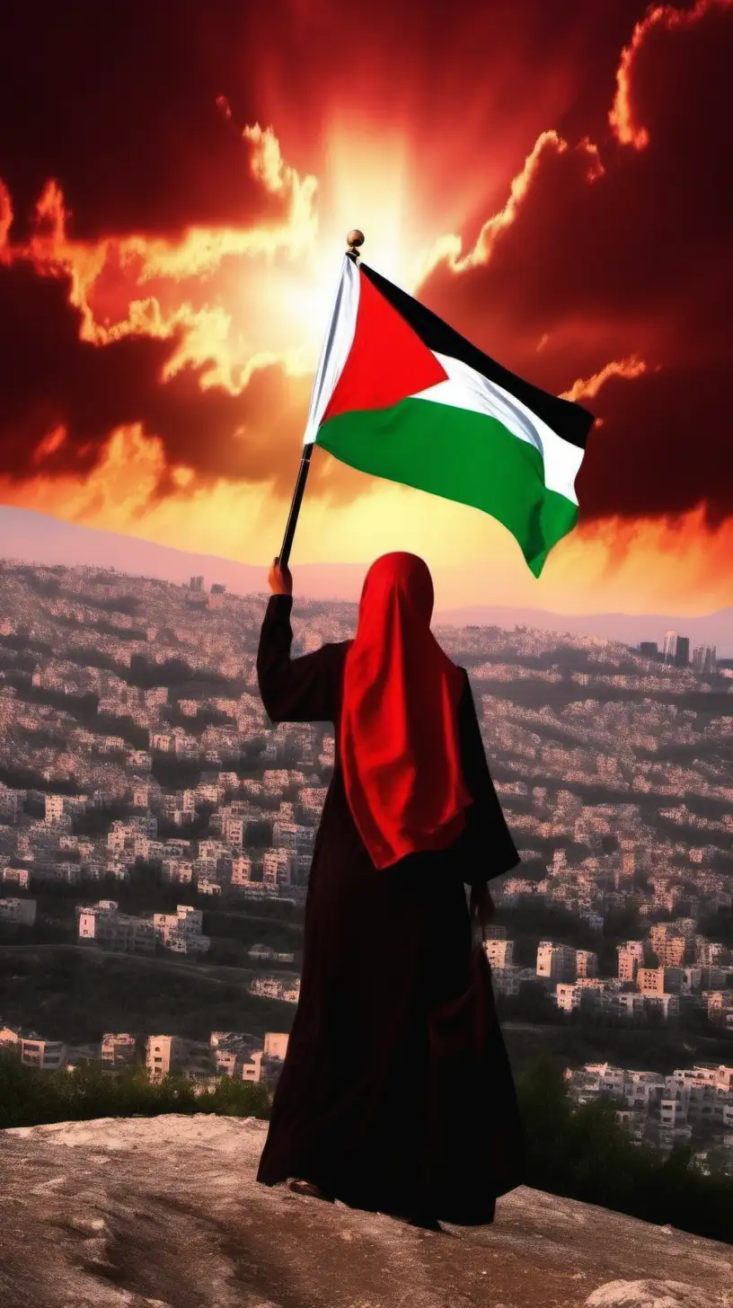 Muslim woman. Waving the Palestina Flag. on a high mountain hill. When the sun sets. Dark Red clouds. Very beautiful