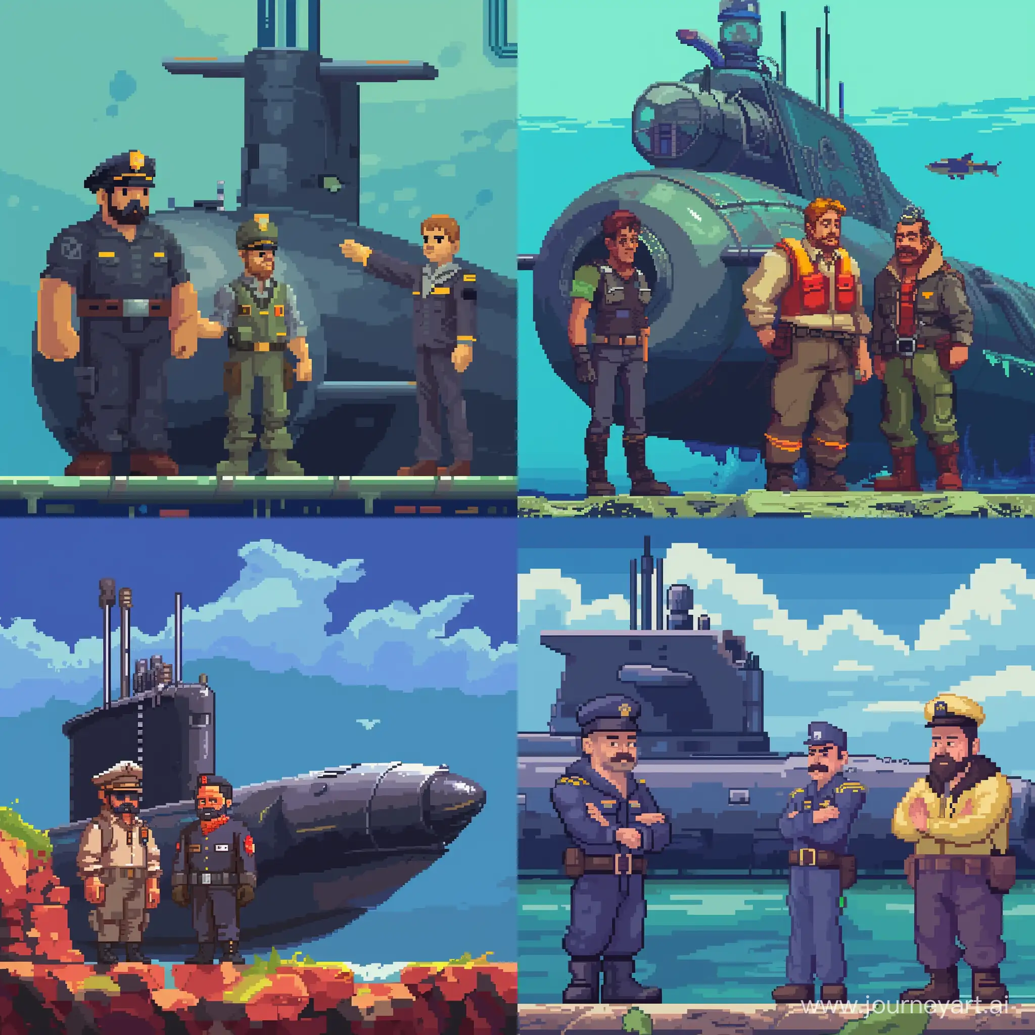 Инженер и капитан и охранник из игры Barotrauma, стоят рядом с подводной лодкой, пиксельный стиль