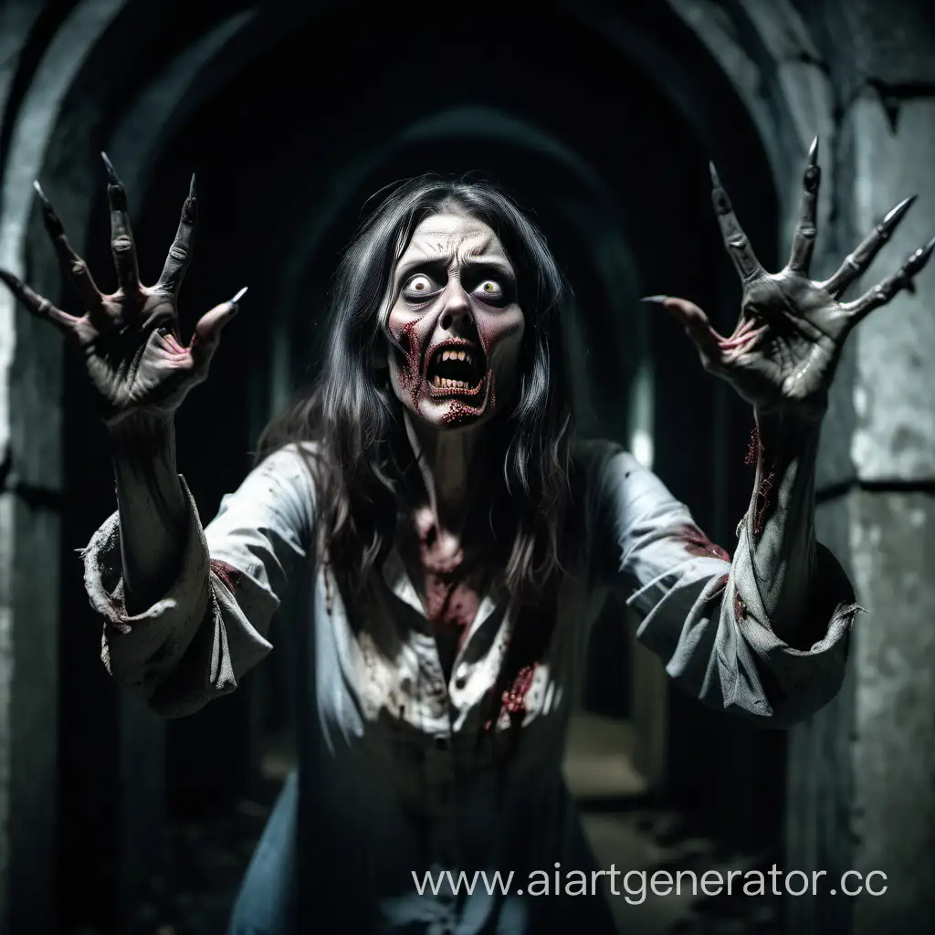 a terrible zombie woman with their holding curved long pointed nailed  five-fingered hands in the air, inspired, transgressive art, evil dead face, inside old crypt, cinematic realistic photo, she is frightened, ultra detailed. style of arrival, cinematic shot ar 9:16 -n 6 -g