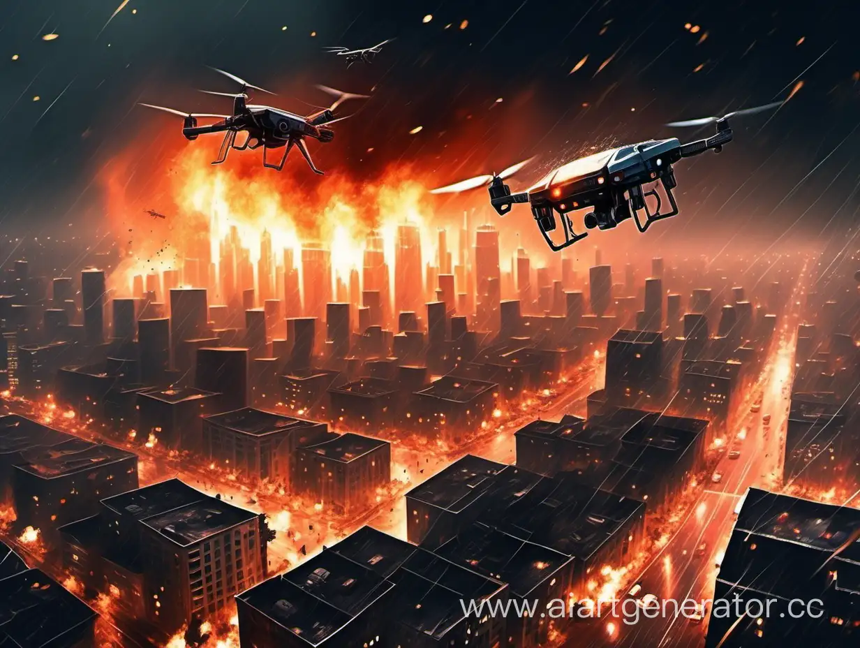Night-Cityscape-with-Explosions-and-Burning-Buildings-Under-Drone-Attack