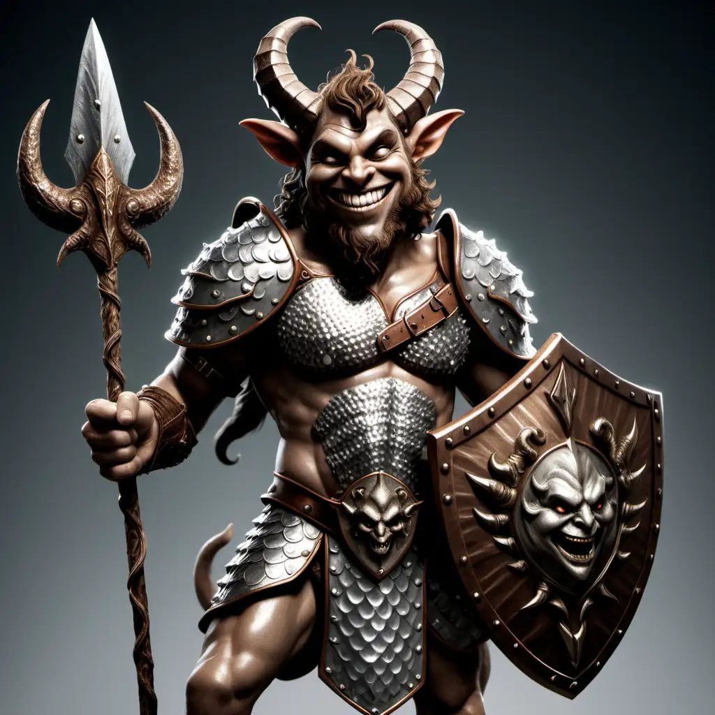 Satyr fighter wearing scalemail armor while holding a trident in his right hand and a shield in his left hand that has a grinning face emblazoned on it.
