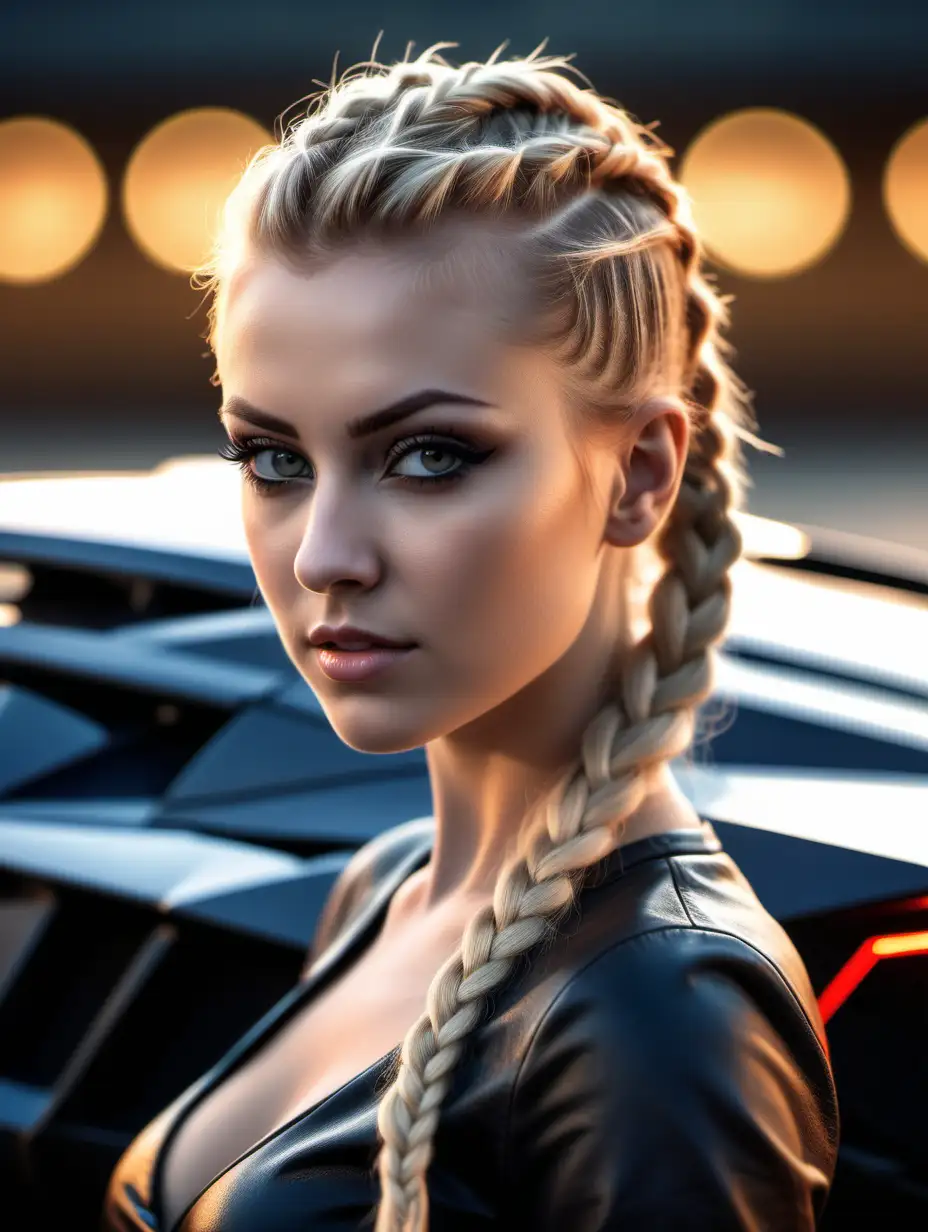 Beautiful Nordic woman, very attractive face, detailed eyes, perfect breasts, slim body, dark eye shadow, blond hair in a long Mohawk braid, close up, bokeh background, soft light on face, rim lighting, facing away from camera, looking back over her shoulder, standing in front of a Lamborghini, photorealistic, very high detail, extra wide photo, full body photo, aerial photo