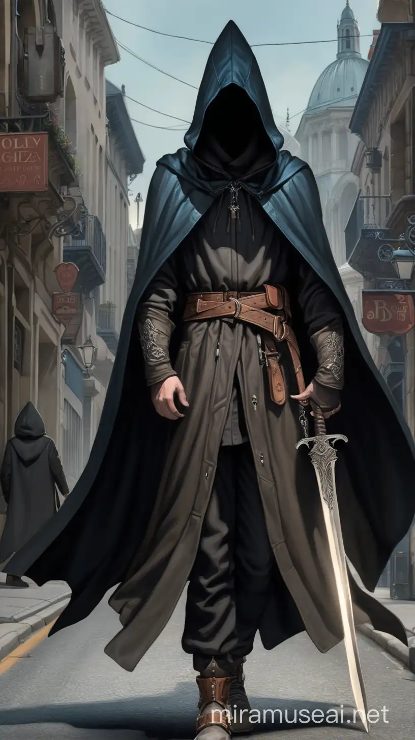 Mysterious Cloaked Figure with Daggers and Rapier