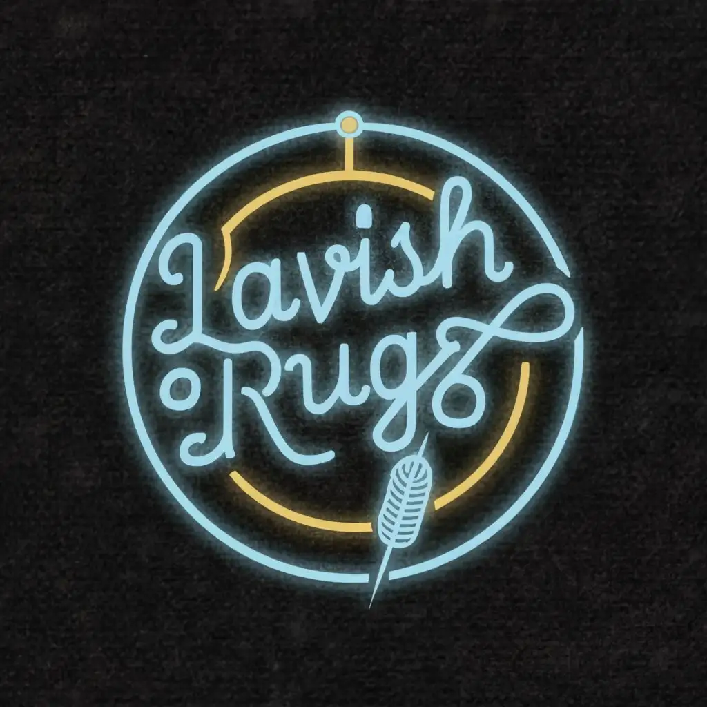 logo, circle , with the text "lavish rugz", typography needle and thread