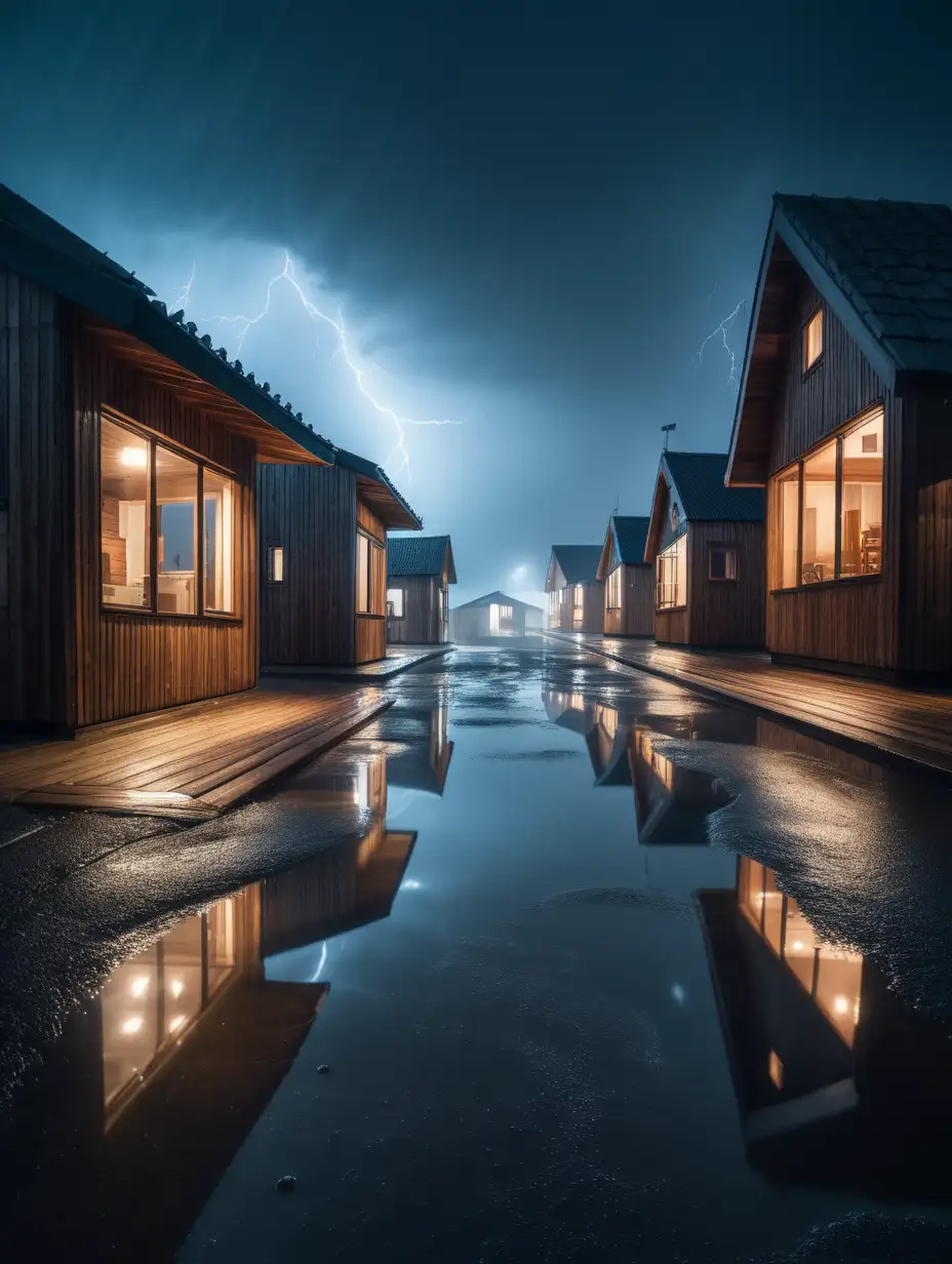 foto di un paesaggio cittadino con case di legno e case futuristiche di notte con luce soffusa ed atmosfera fantastica, leggera nebbia e profondita di campo durante un temporale, con molti riflessi dovuti alle pozzanghere
