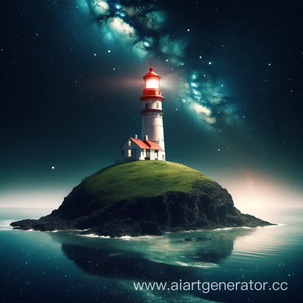 a lighthouse standing on an island in outer space