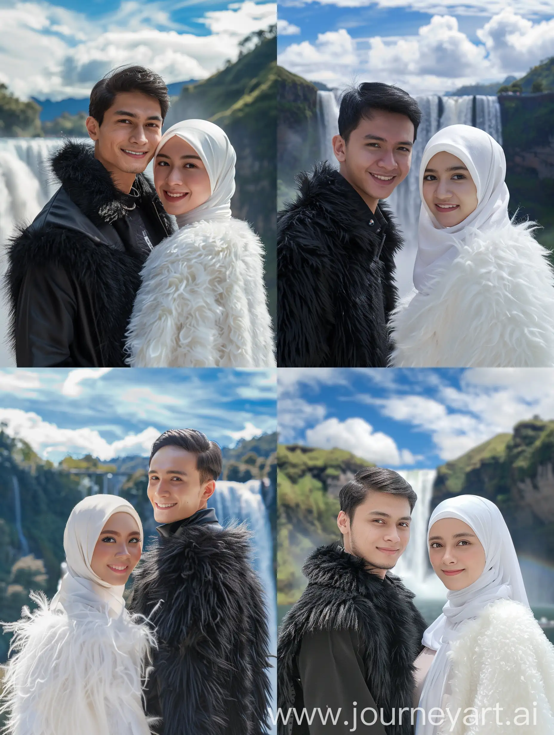 (8K, RAW Photo, Photography, Photorealistic, Realistic, Highest Quality, Intricate Detail), Medium photo of 25 year old Indonesian man, fit, ideal body, oval face, white skin, natural skin, medium hair, wearing a black furry jacket - side by side with a 25 year old Indonesian woman wearing a white hijab, white fluffy jacket, they are smiling facing the camera, their eyes are looking at the camera, the corners of their eyes are at the same level as their white skin is beautiful and cute with the view behind them is a beautiful waterfall and bright blue and white sky clouds clear HD