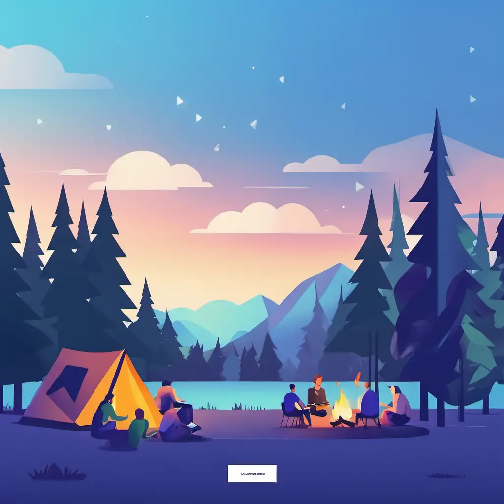 Add a team of people on the right sitting together around a campfire with 1 laptop. Have a small tent in the image. Similar style to the image submitted with different shades of green trees.