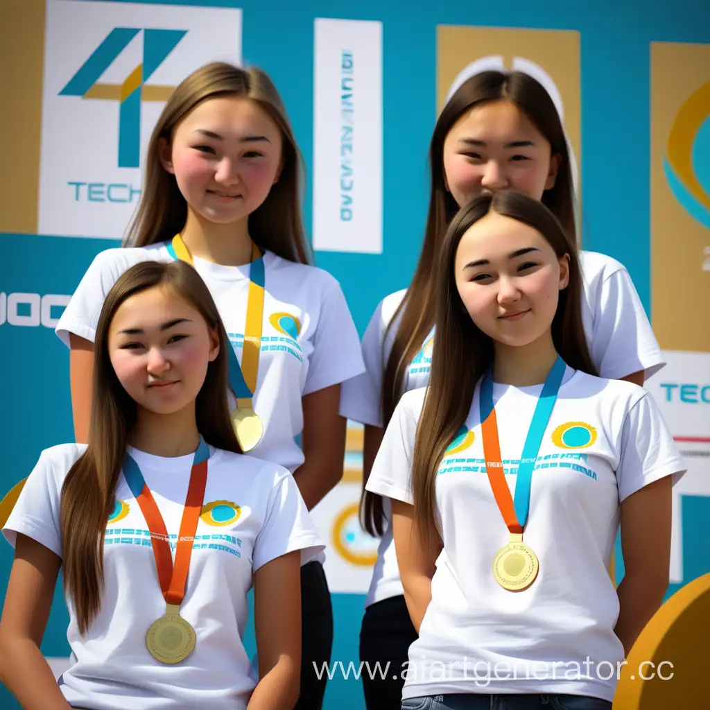 4 17-18-year-old kazakh girls, that wear a t-shirt with the line "Technovation Girls 2024" on them.  Girls are standing at first place podium. Each of them has a gold medal.