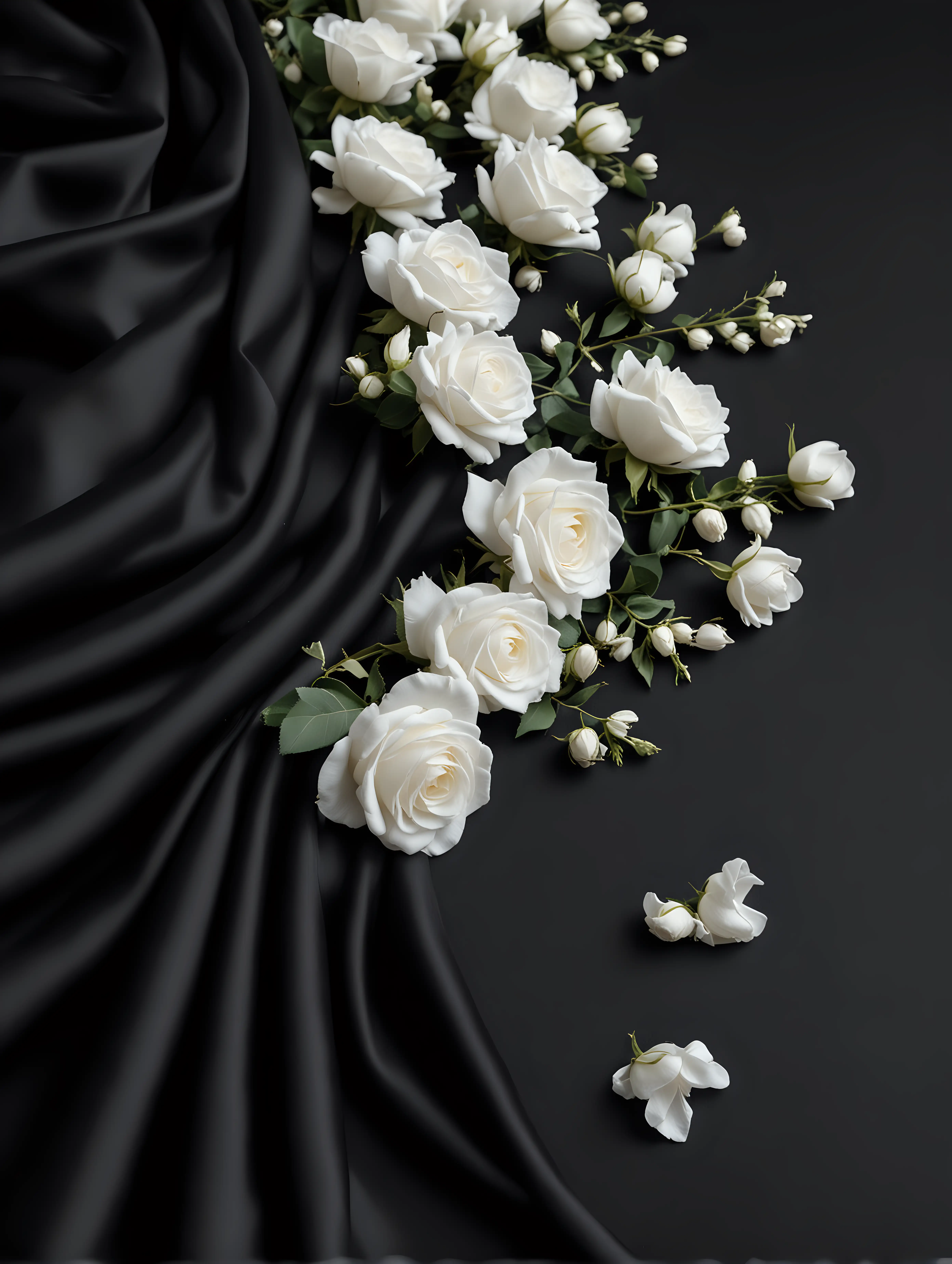 black draped fabric on the left side, on the fabric lies some beautiful white tiny roses, large black solid background